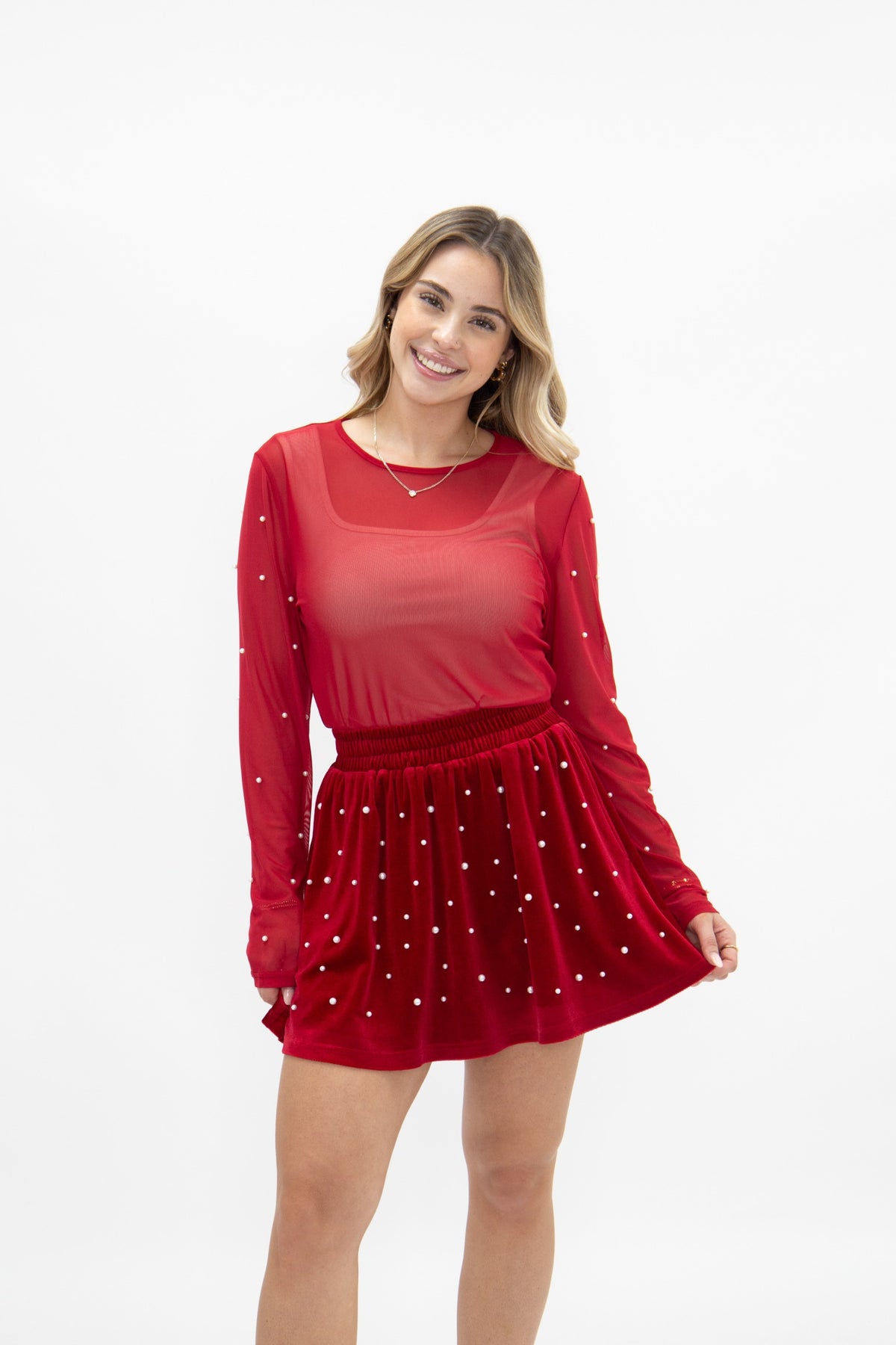 Velvet Skort with Pearl Details, Red