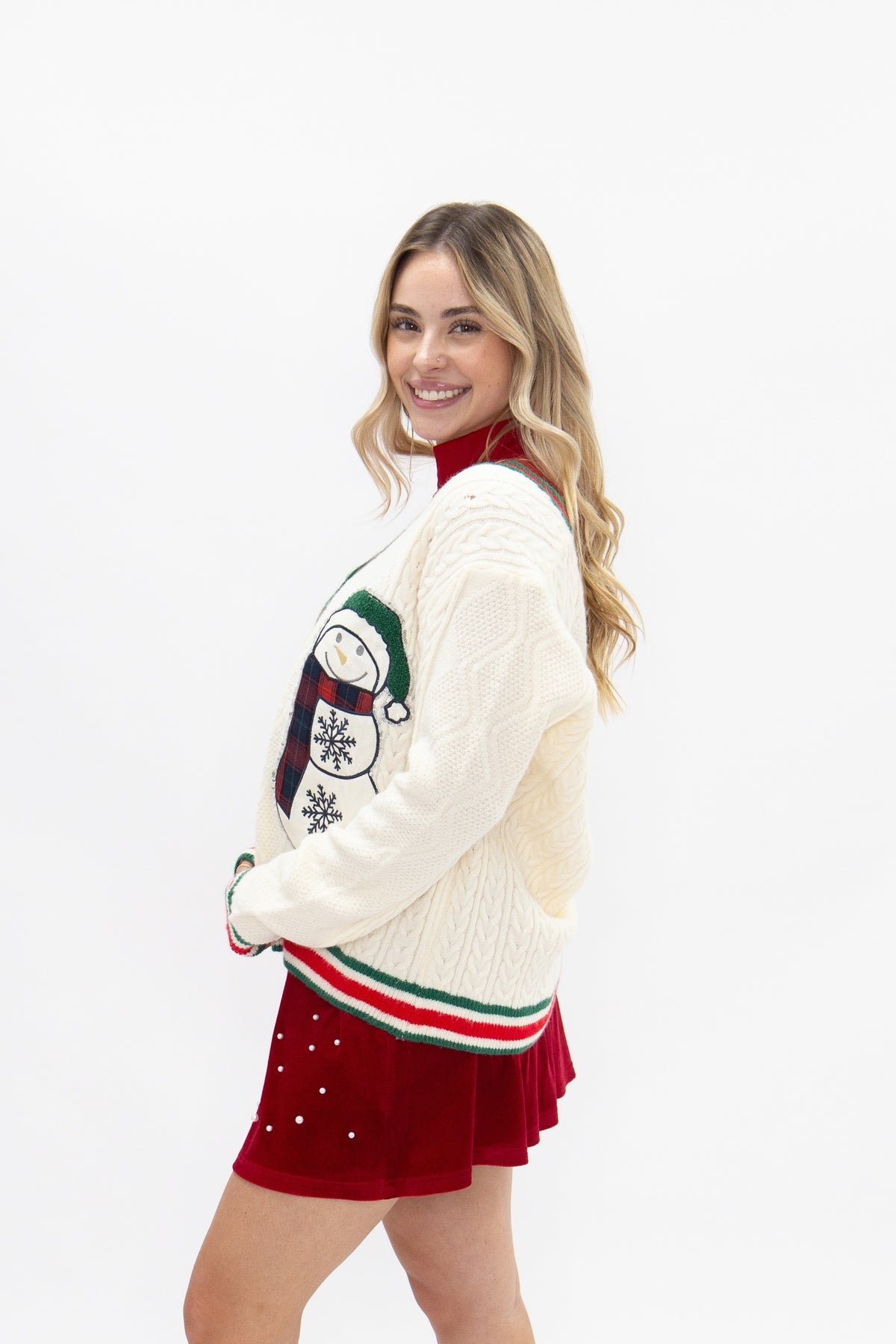 Snowman Patches on White Cardigan