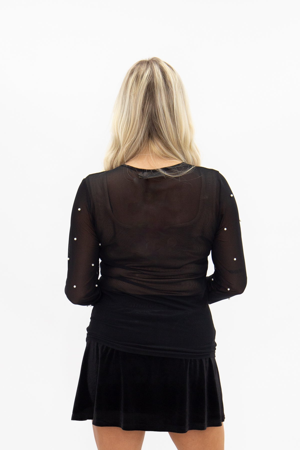 Mesh Long Sleeve Top with Pearls Detail, Black