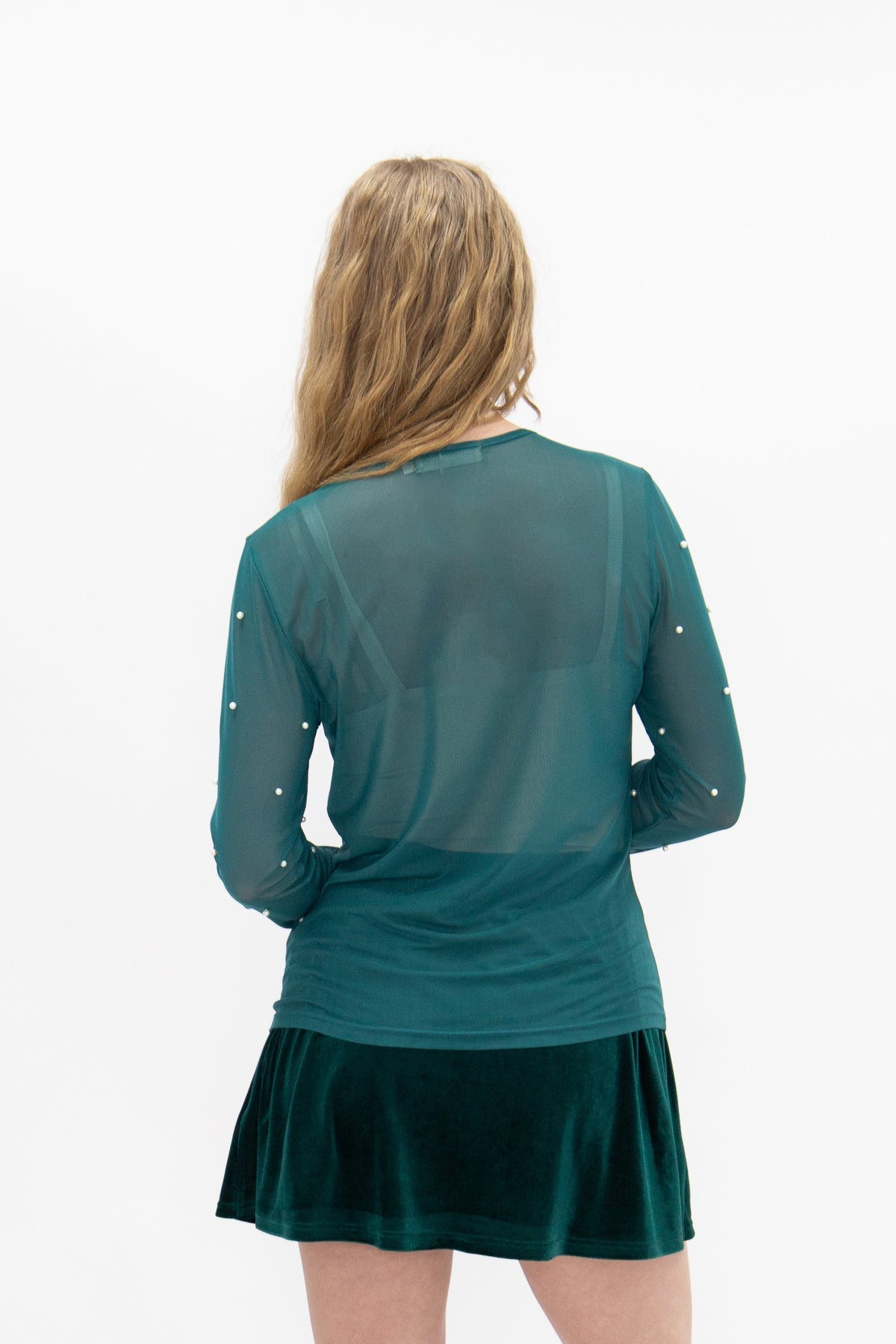 Mesh Long Sleeve Top with Pearls Detail, Green