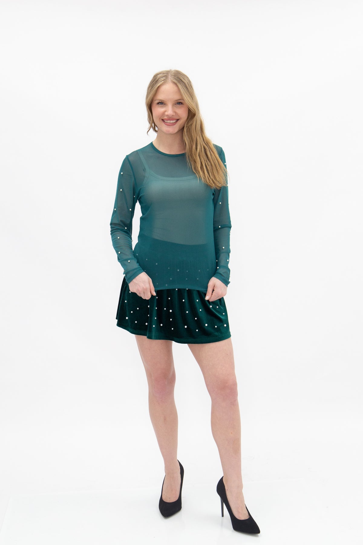 Mesh Long Sleeve Top with Pearls Detail, Green