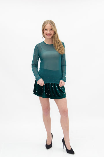 Mesh Long Sleeve Top with Pearls Detail, Green