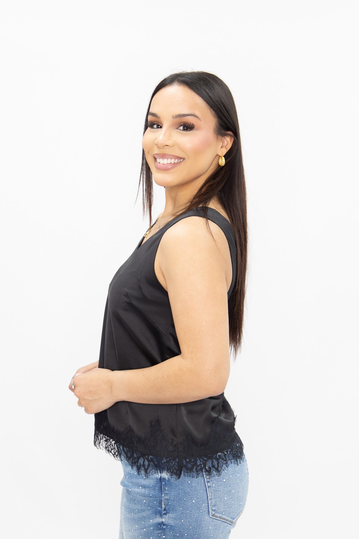Satin V-Neck Tank with Lace, Black