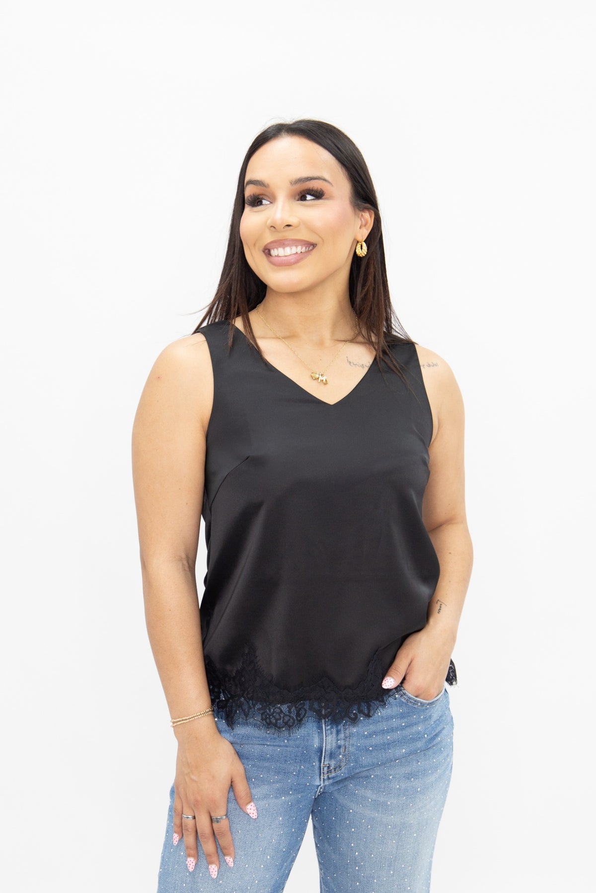 Satin V-Neck Tank with Lace, Black