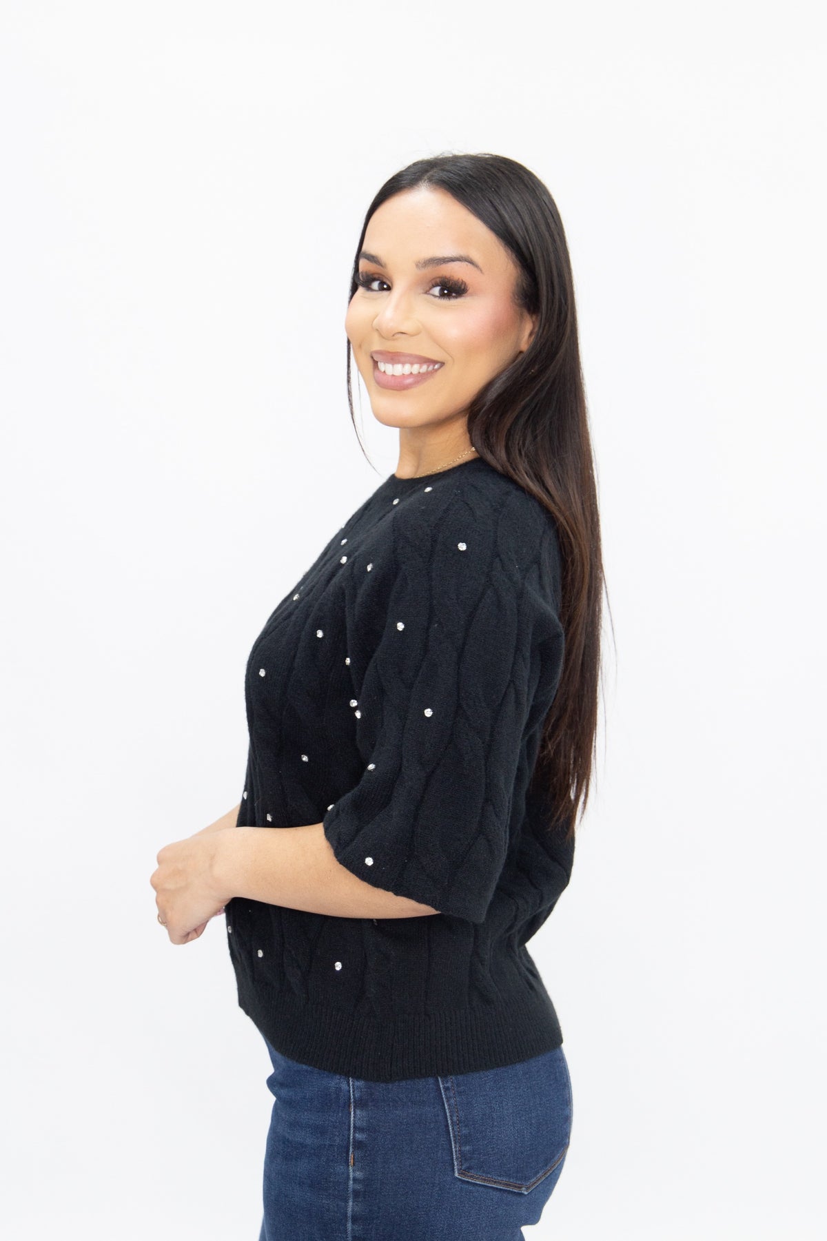 Black Cable Sweater with Rhinestones
