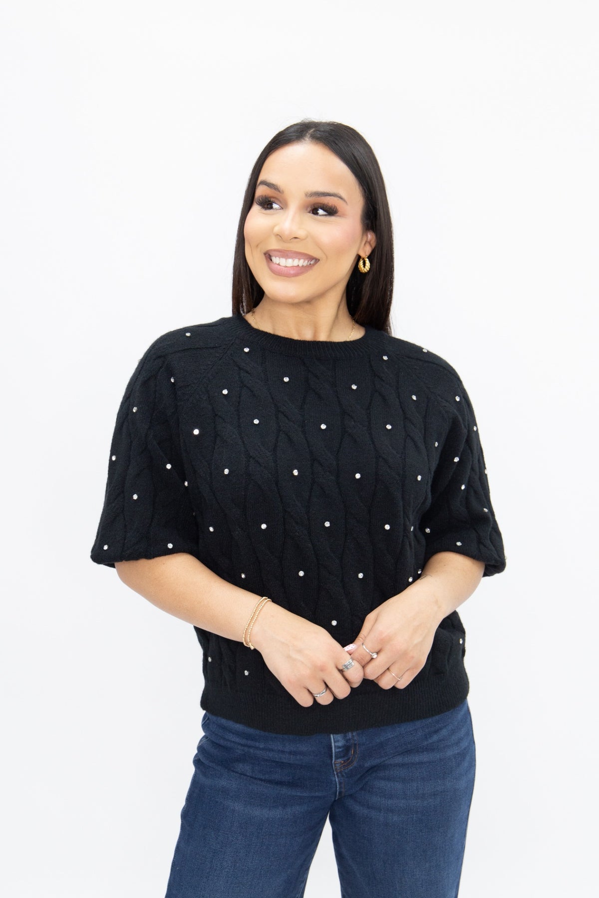Black Cable Sweater with Rhinestones