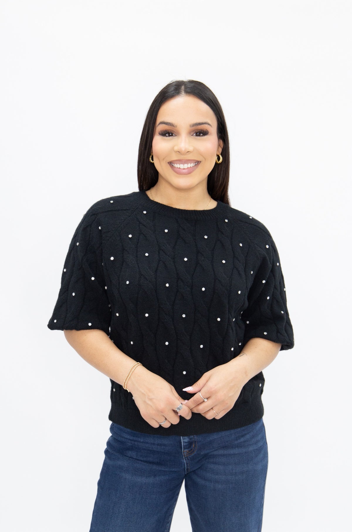 Black Cable Sweater with Rhinestones