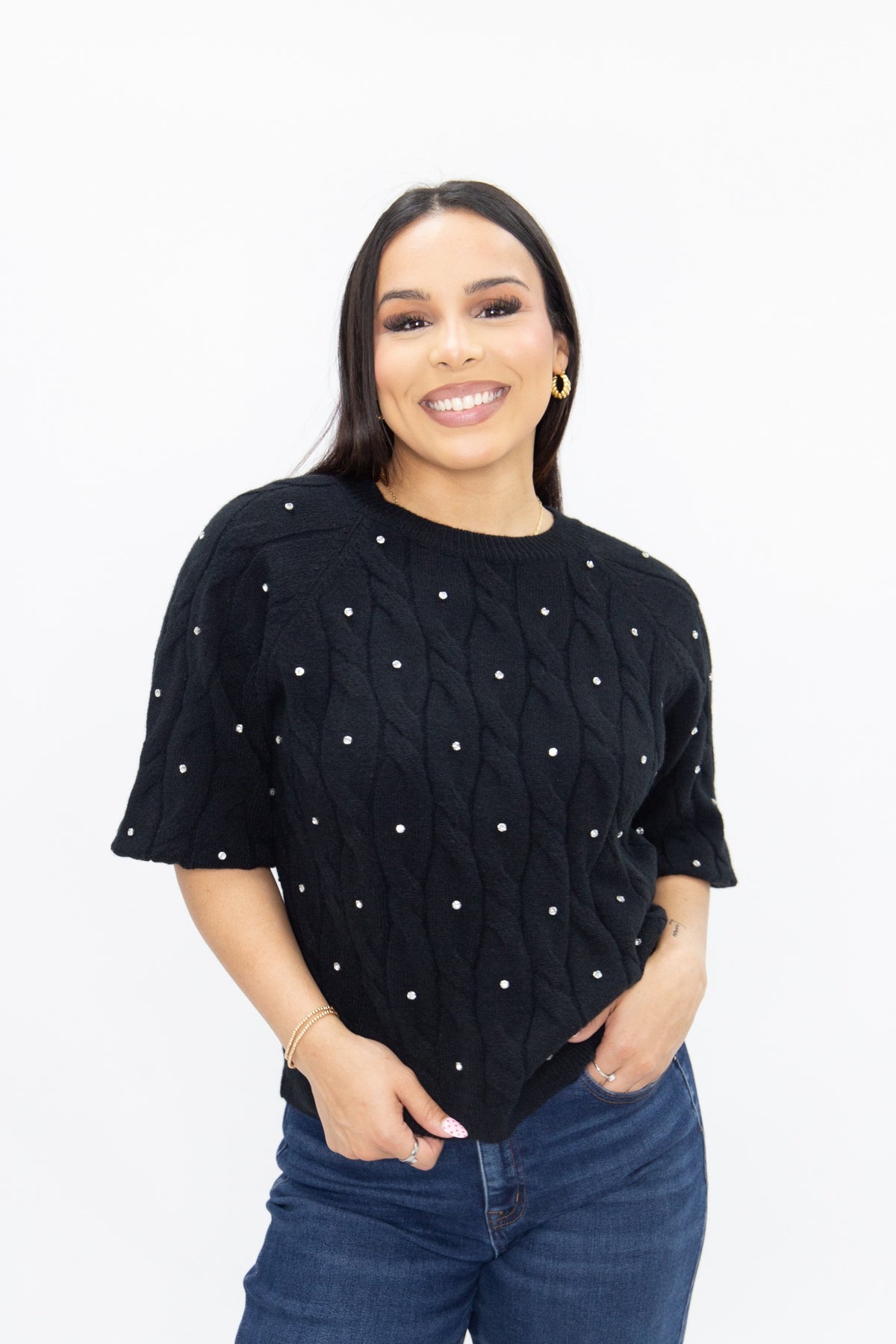 Black Cable Sweater with Rhinestones