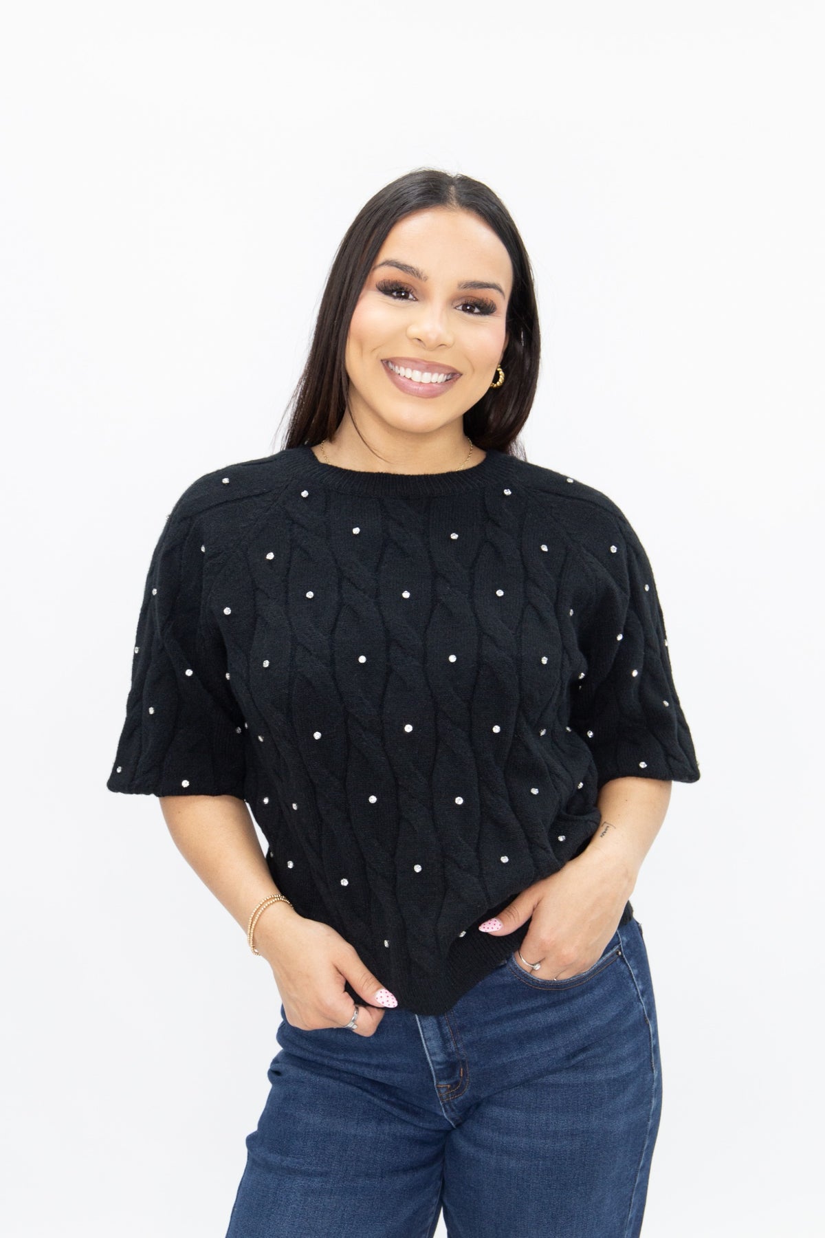 Black Cable Sweater with Rhinestones