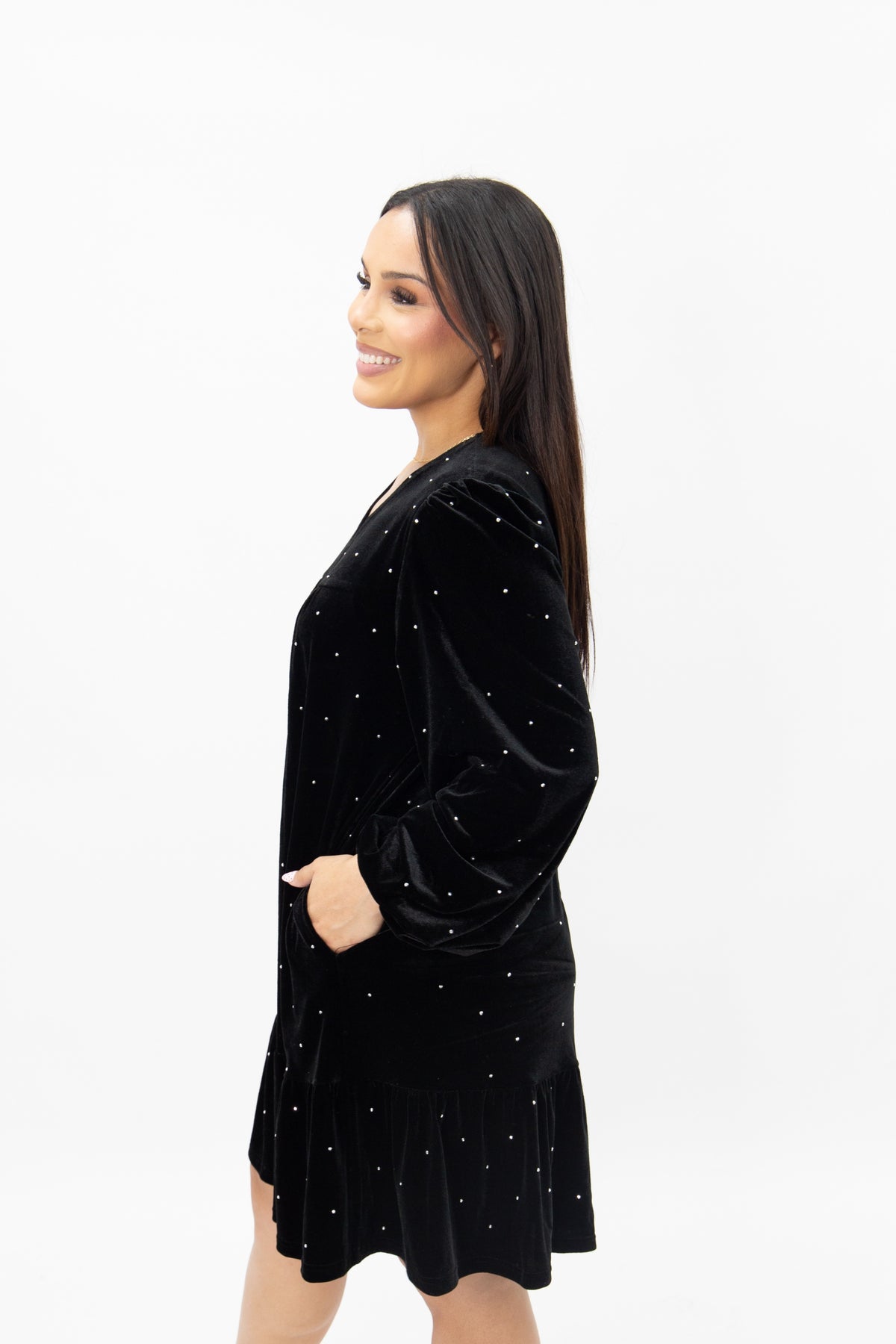 Velvet Long Sleeve Dress, Black