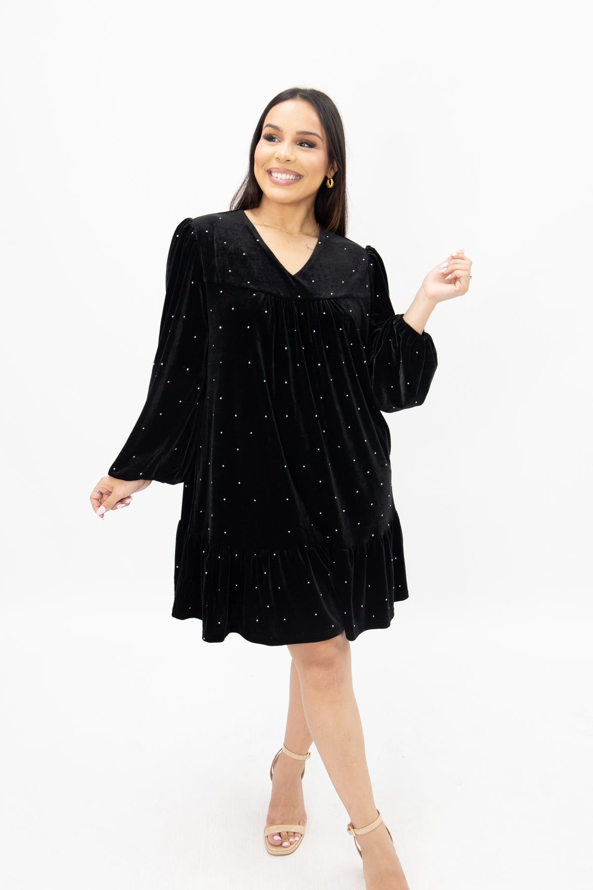 Velvet Long Sleeve Dress, Black