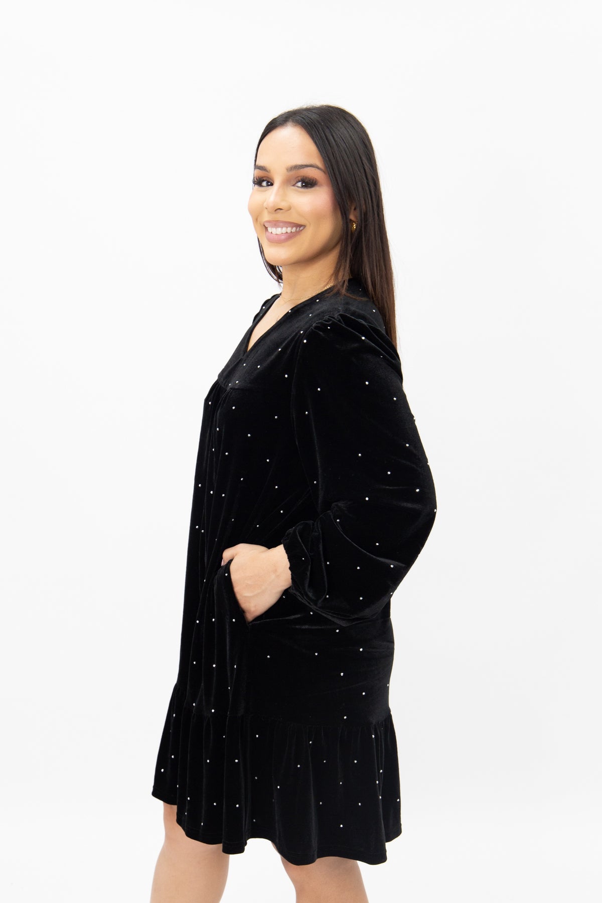 Velvet Long Sleeve Dress, Black