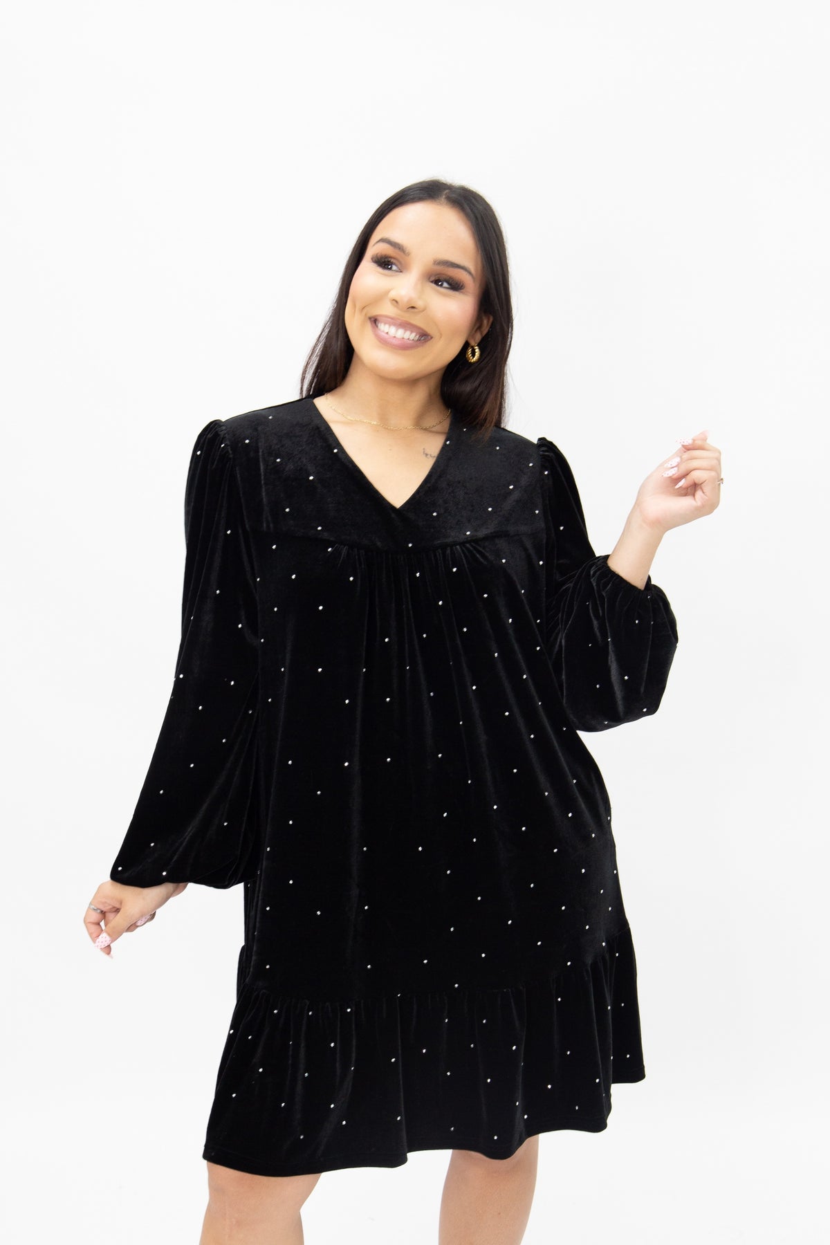 Velvet Long Sleeve Dress, Black