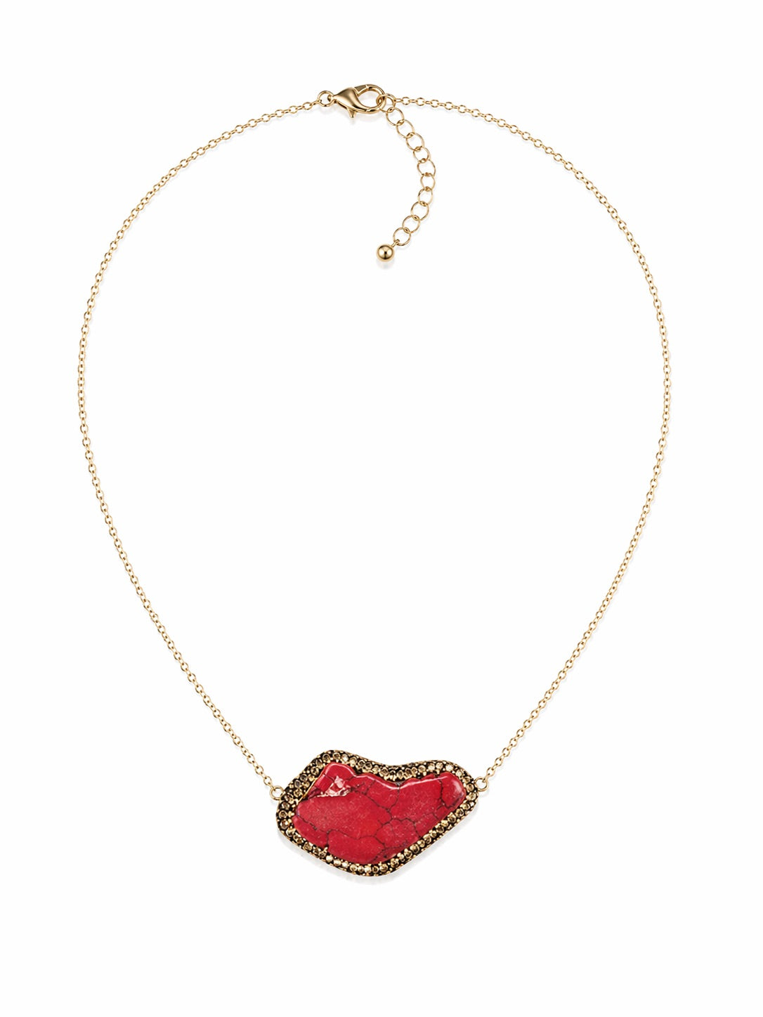 Red Stone Pendant with Honey Crystal Accents on Gold Chain Choker