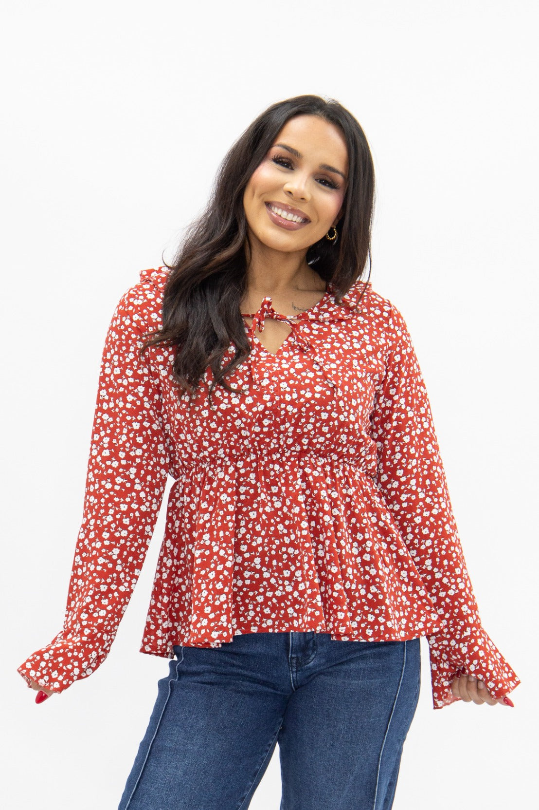 Peplum Blouse with Ruffle Detail, Red Floral – GRACE+EMMA®