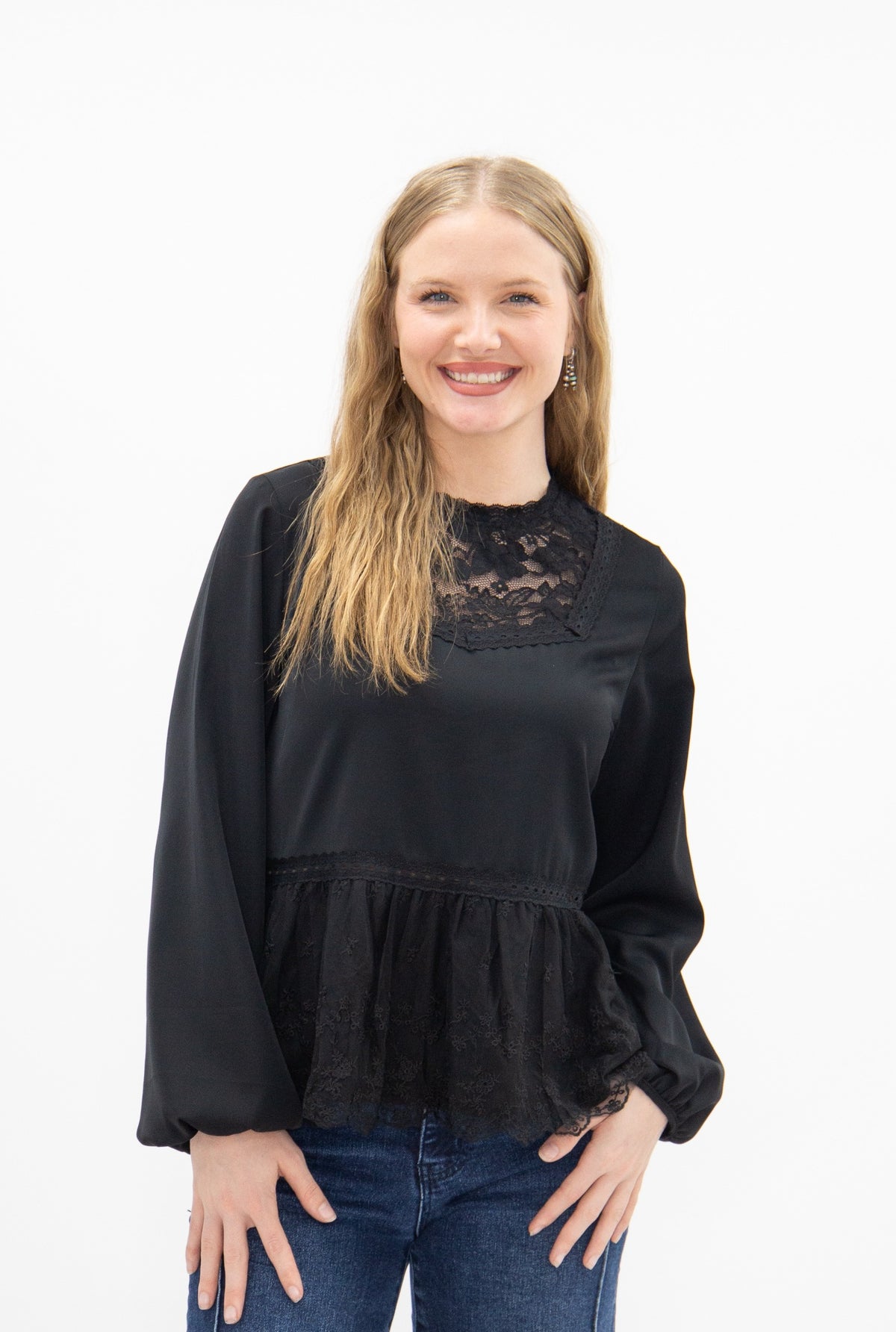 High Neck Blouse with Lace Peplum, Black - styled look