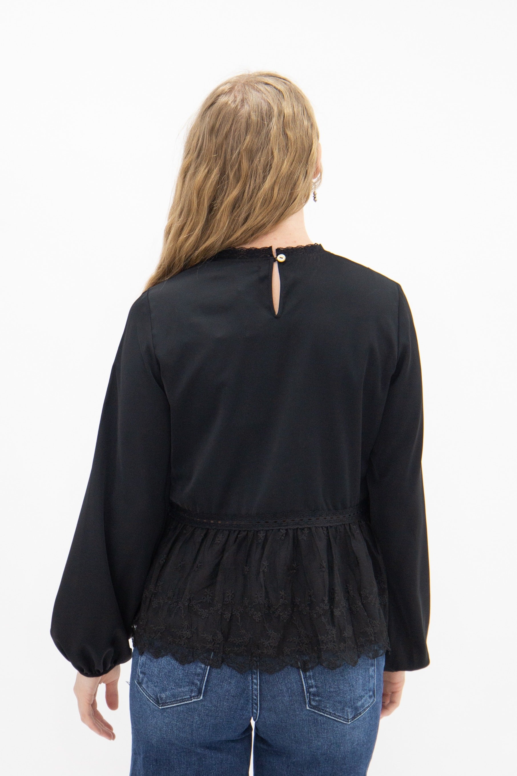 High Neck Blouse with Lace Peplum, Black – GRACE+EMMA®