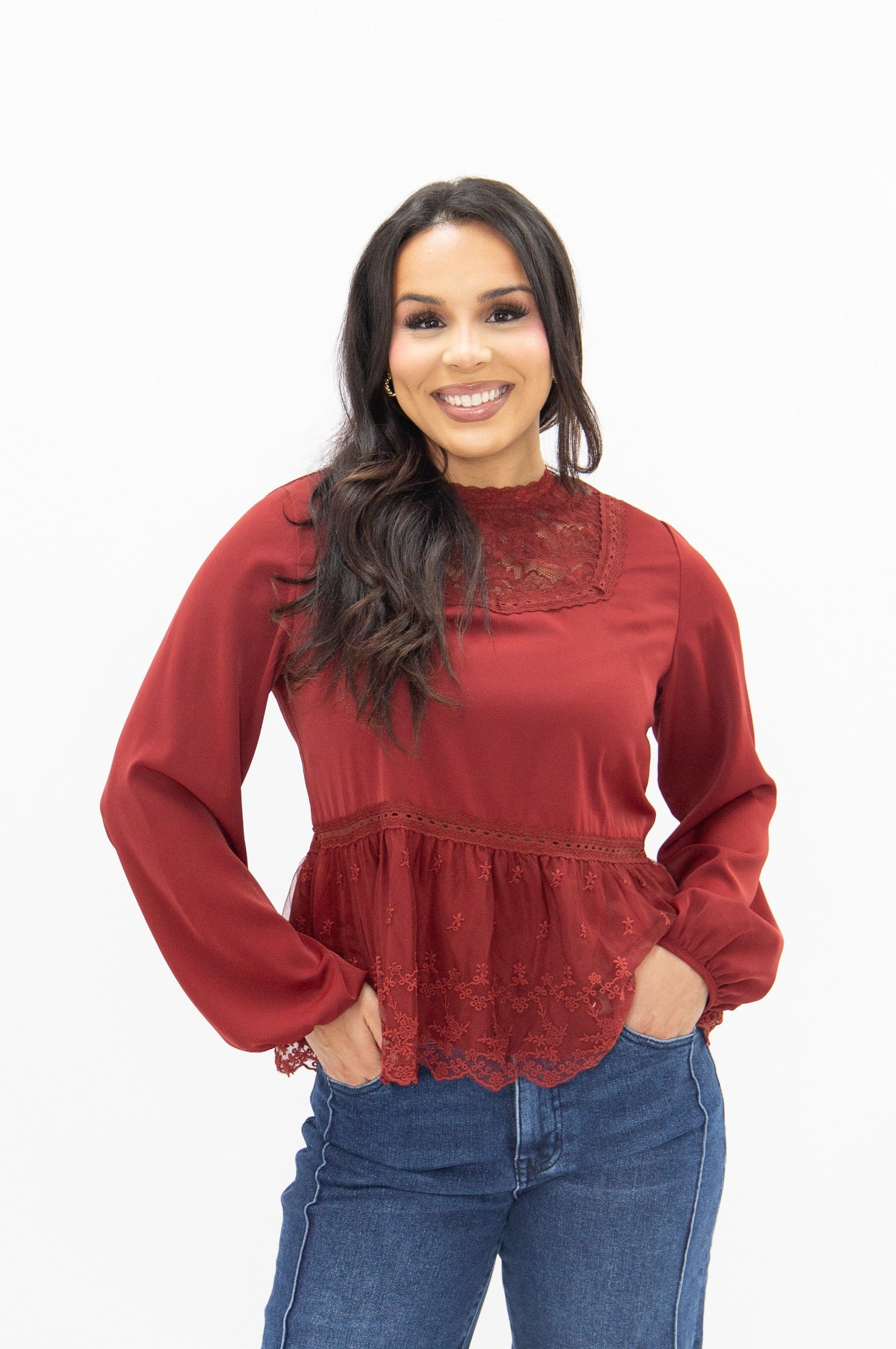 High Neck Blouse with Lace Peplum, Maroon
