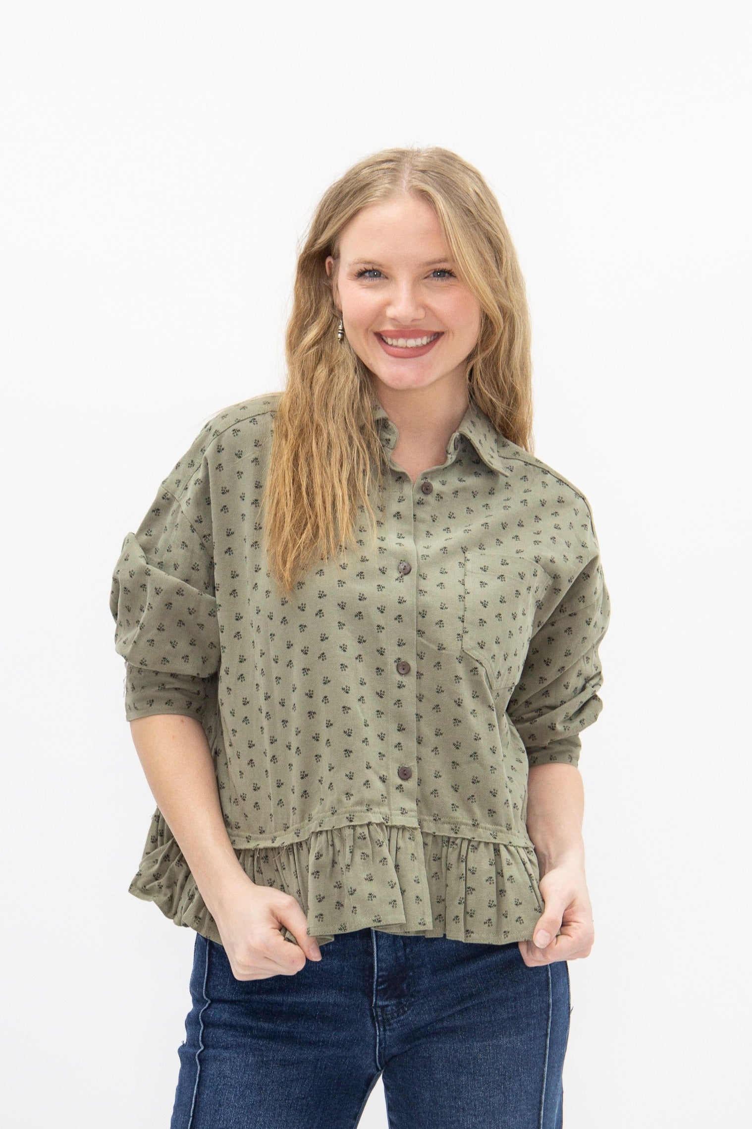 Green Floral Print Jacket with Ruffles
