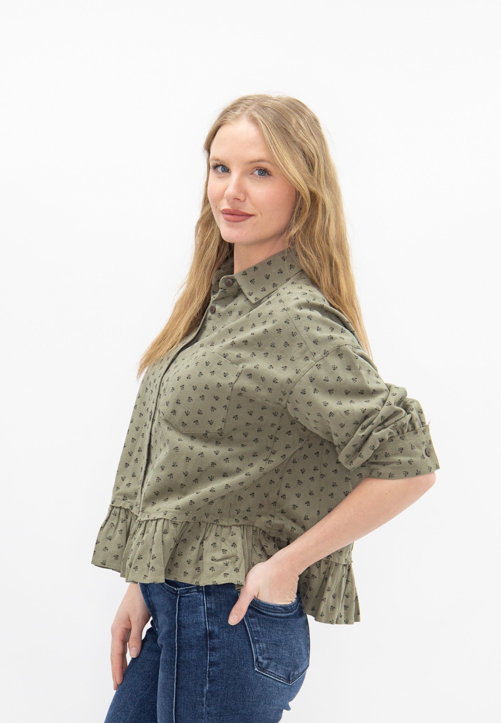 Green Floral Print Jacket with Ruffles