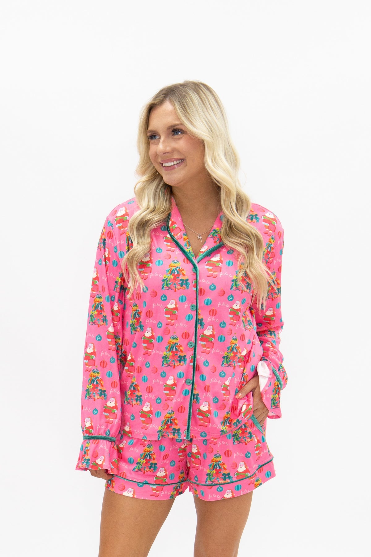 Adult PJ Set, Pink Santa