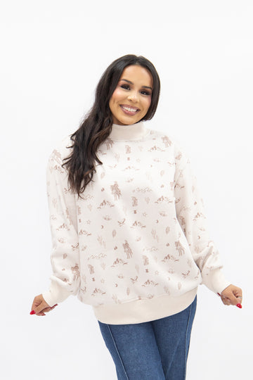 Western Beige Mock Neck Sweatshirt