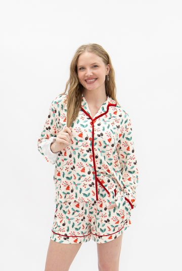 Adult PJ Set, Ivory Holly Print
