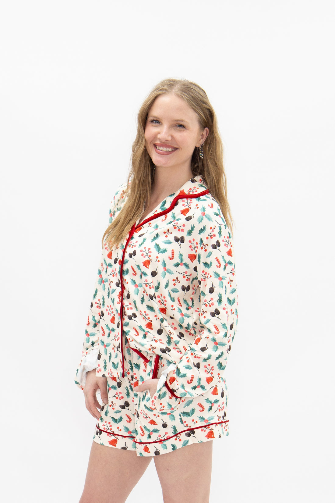 Adult PJ Set, Ivory Holly Print