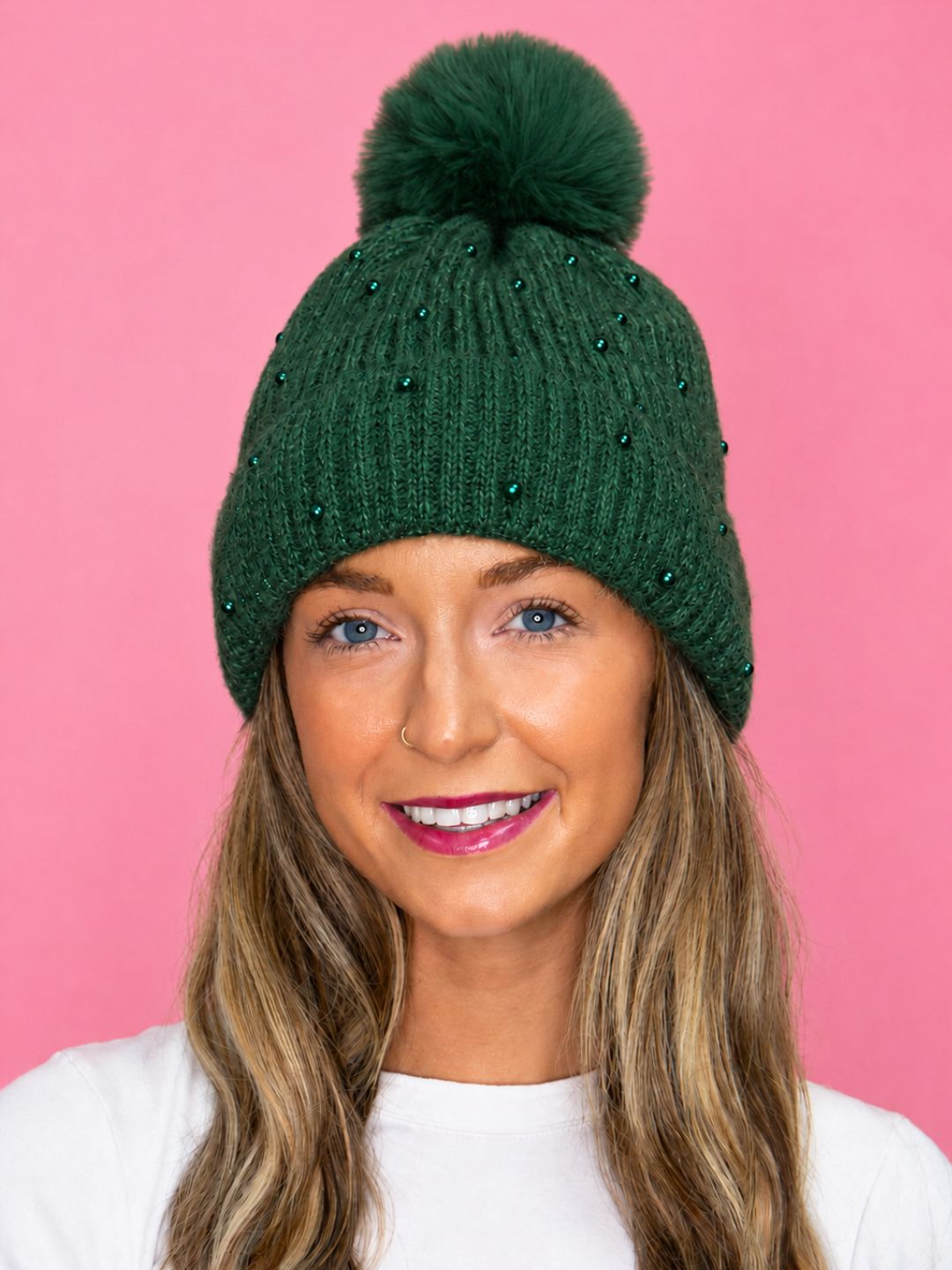 Forest Green Beanie with Pearls