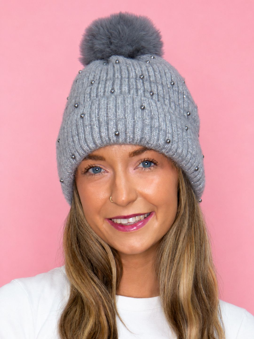 Grey Beanie with Pearls