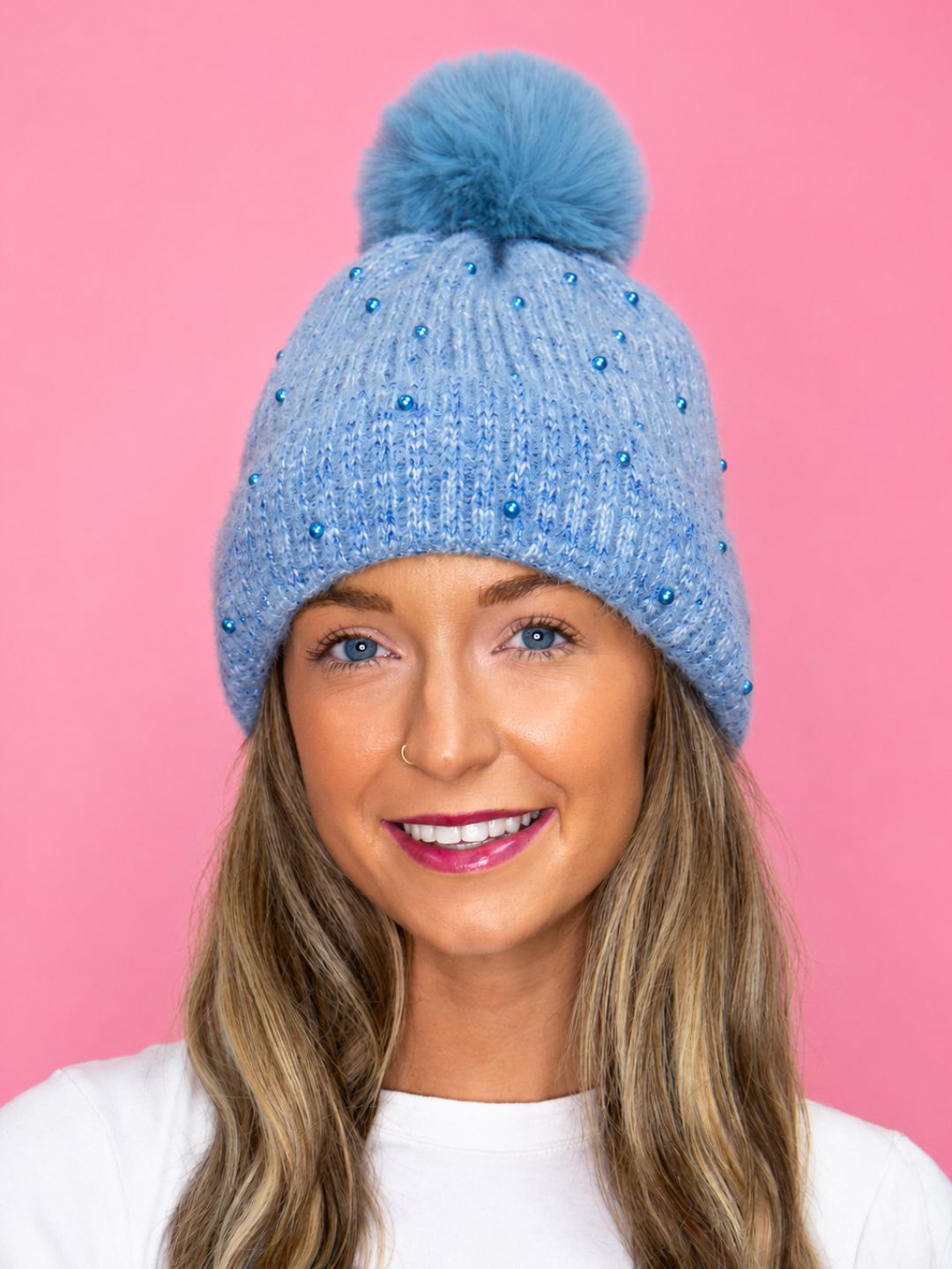 Blue Beanie with Pearls