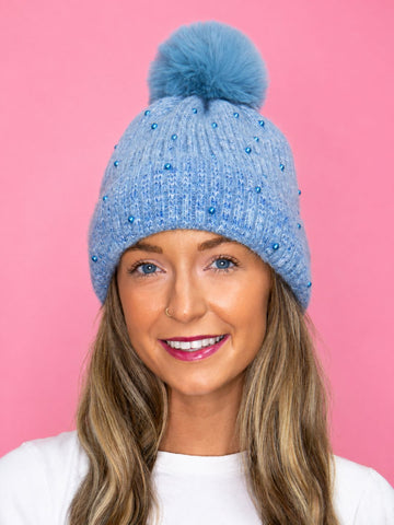 Blue Beanie with Pearls
