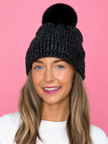 Black Beanie with Pearls
