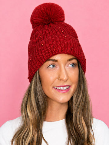 Red Beanie with Pearls