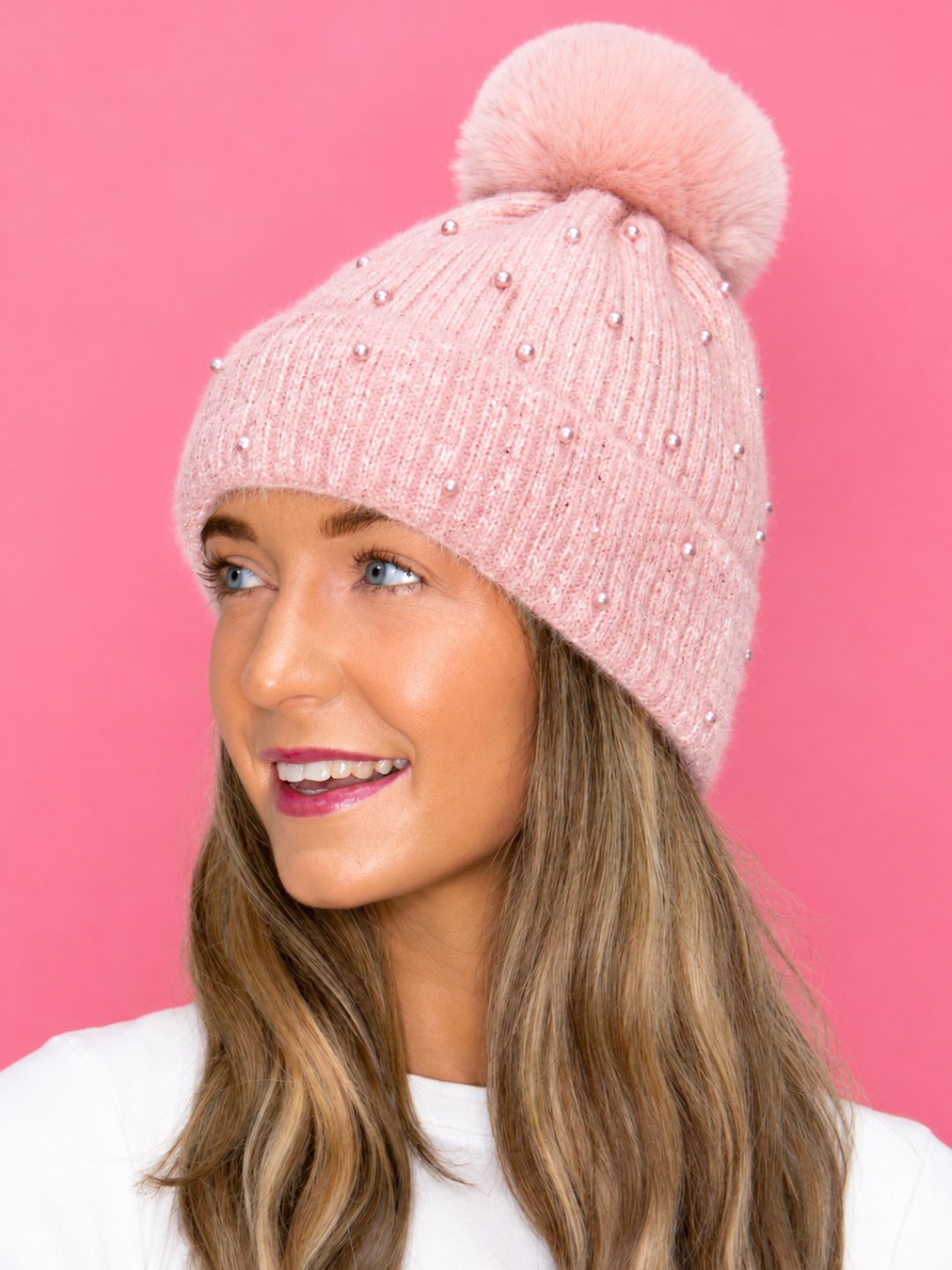 Pink Beanie with Pearls