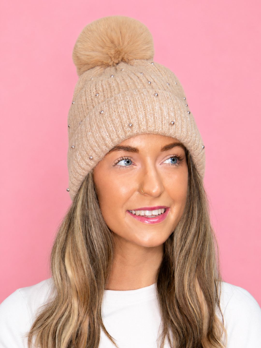 Beige Beanie with Pearls