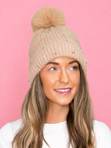 Beige Beanie with Pearls