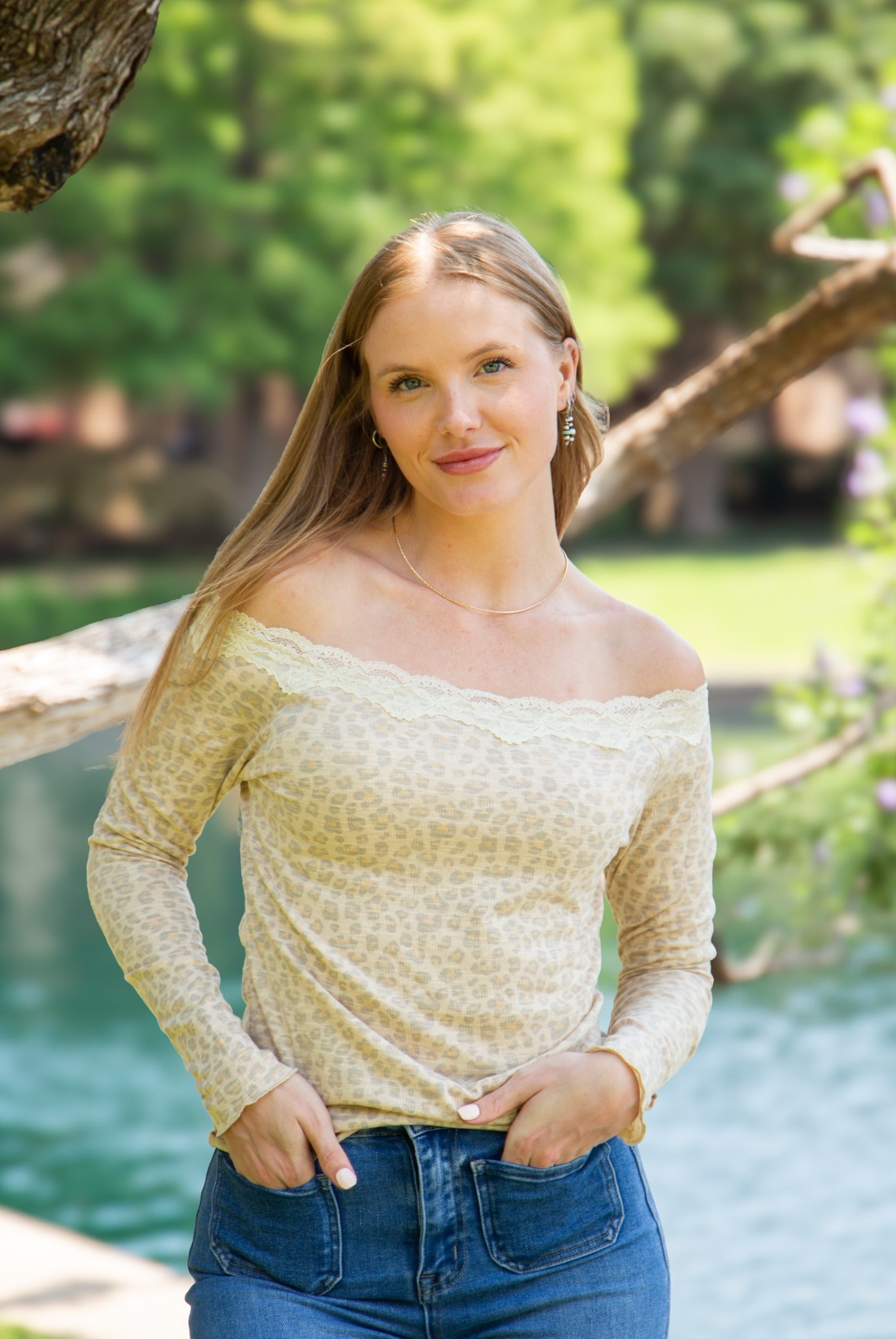 Longsleeve Off-the-Shoulder Top with Lace Trim, Leopard – GRACE+EMMA®