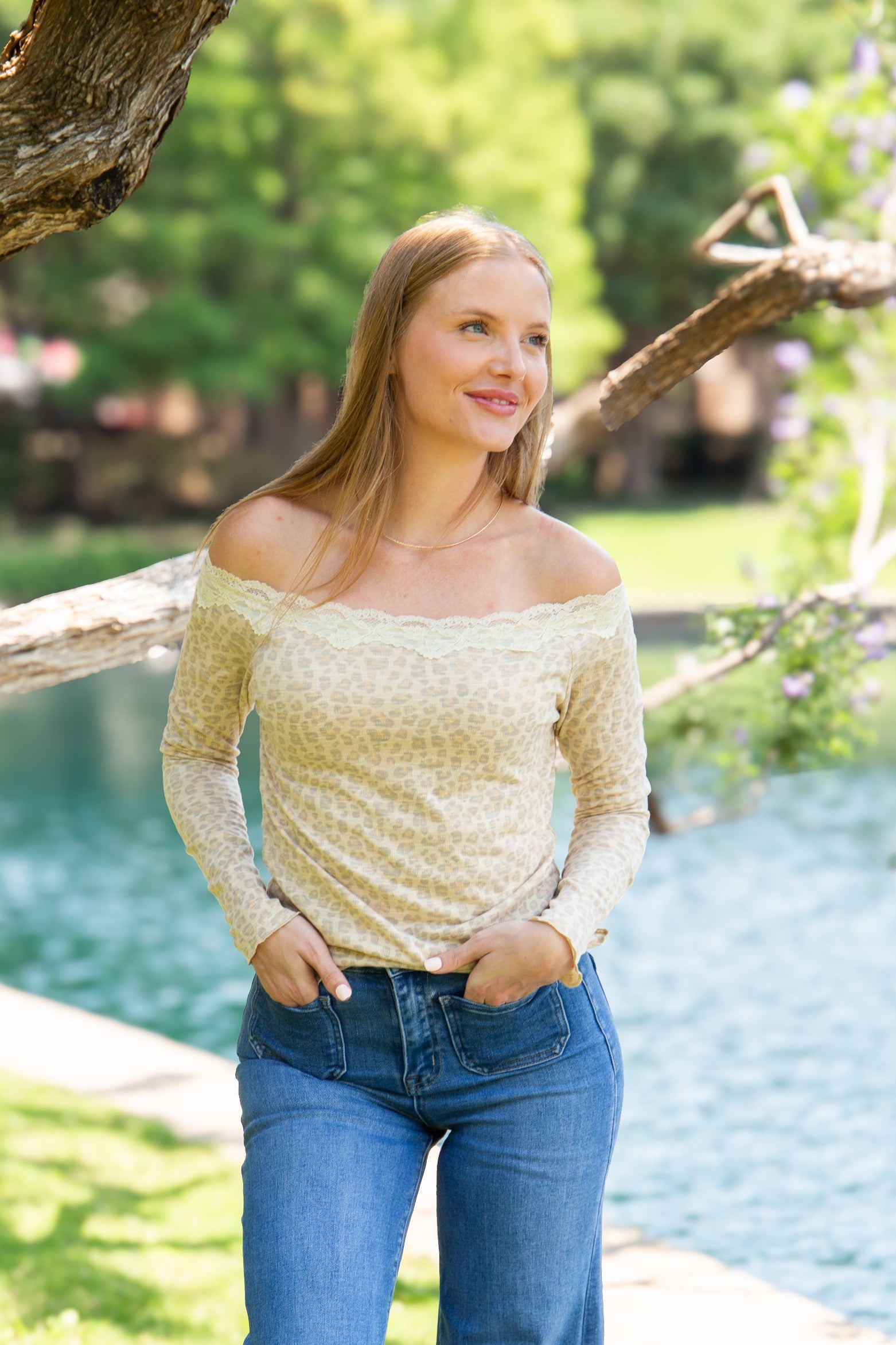 Longsleeve Off-the-Shoulder Top with Lace Trim in Leopard print, front view