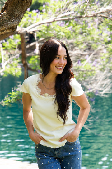 Square Neck Tee with Lace Trim, Ivory