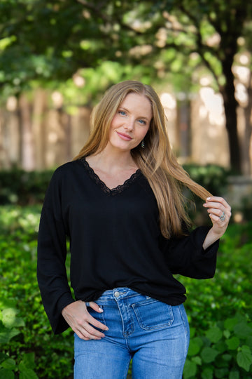 V-Neck Top with Lace Trim, Black