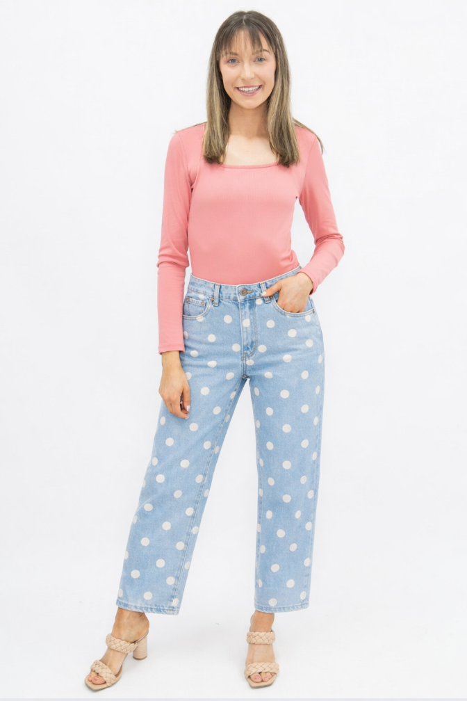 Polka Dot Barrel Jeans, White