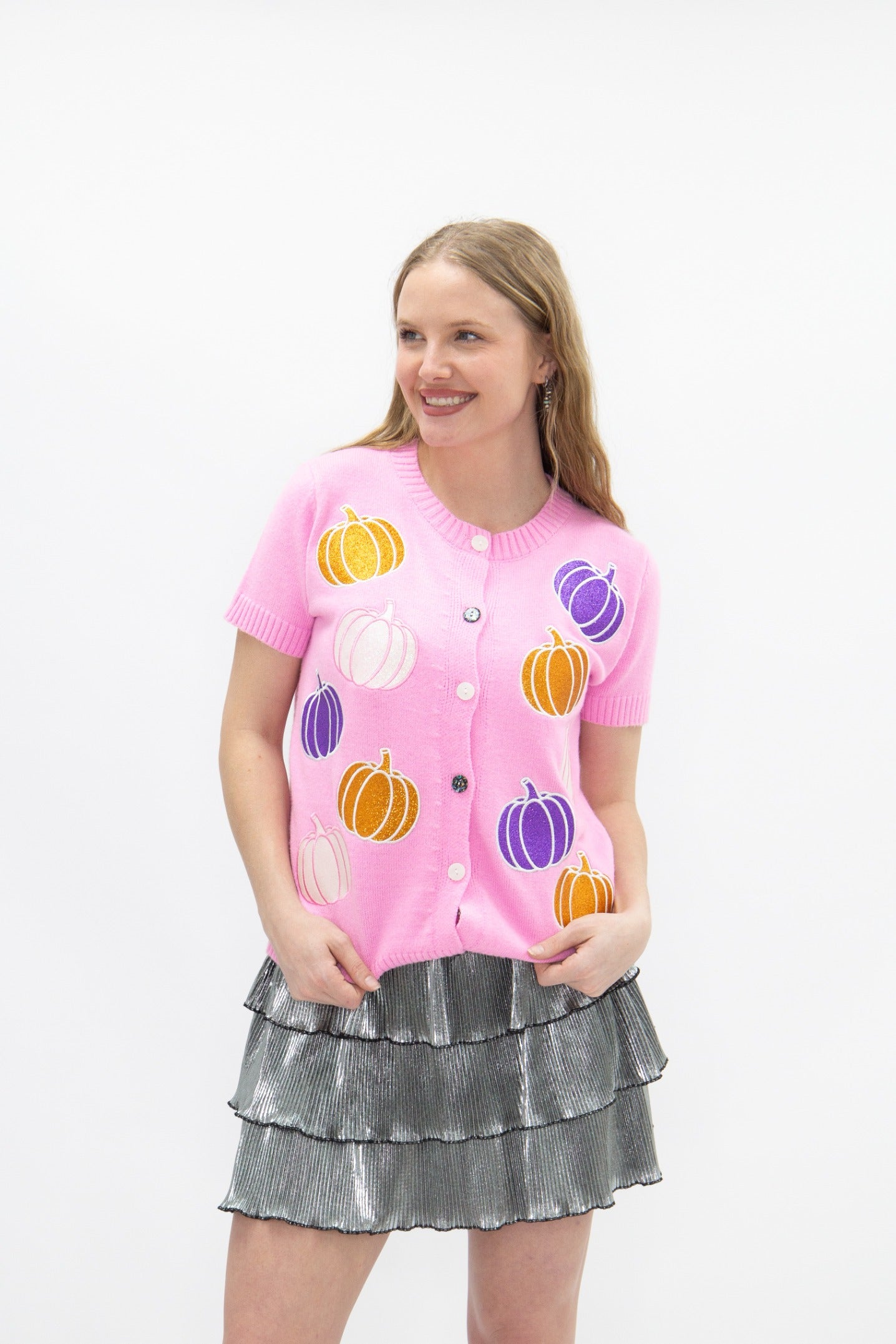 Glitter Pumpkins Hallowen Cardigan, Pink