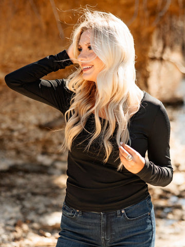 Square Neck Long Sleeve Top, Black