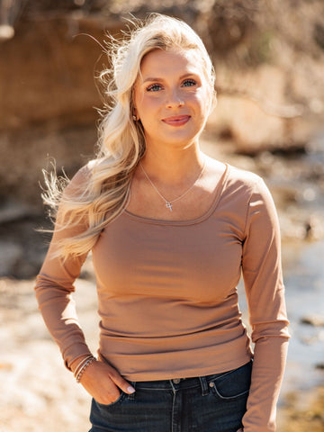 Square Neck Long Sleeve Top, Tan