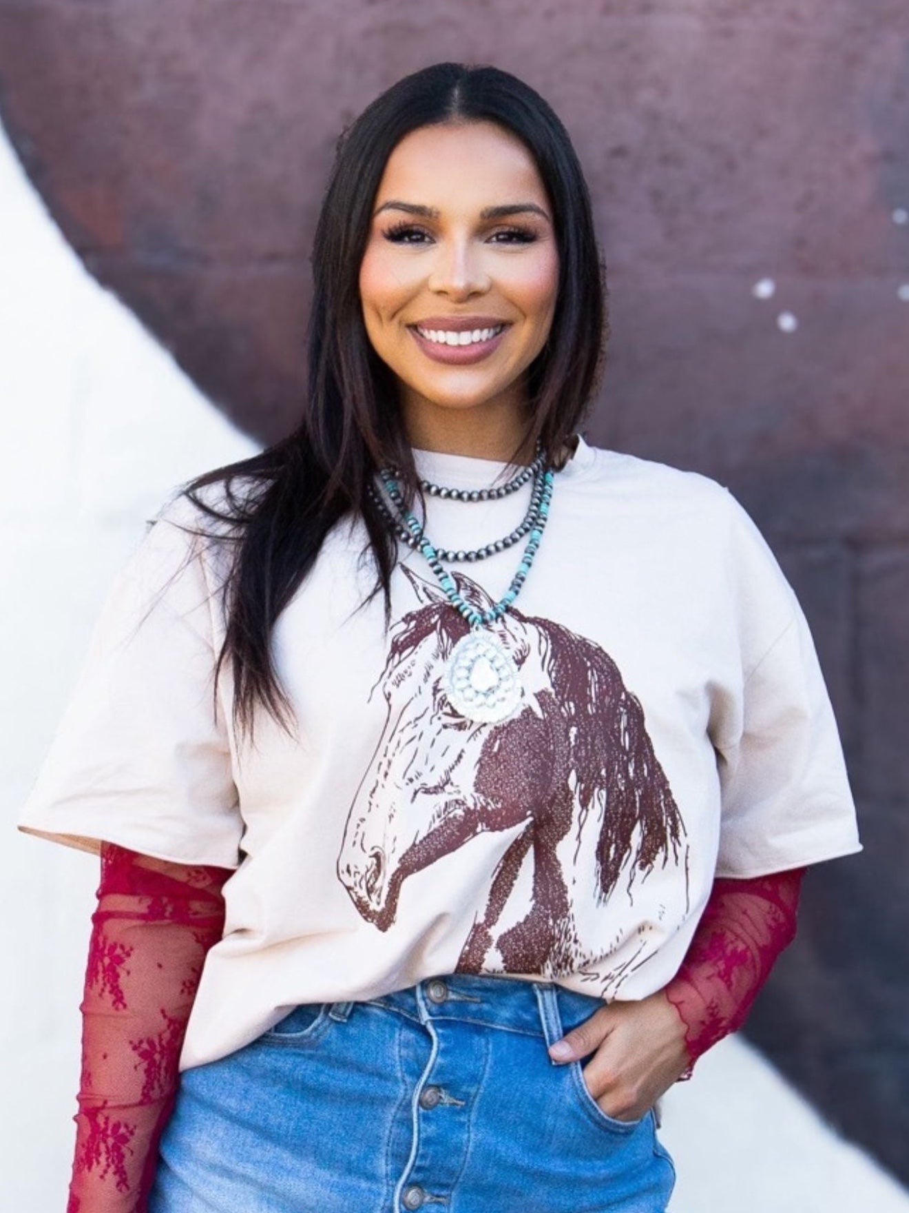 Brown Horse on Beige Boxy Tee - front view
