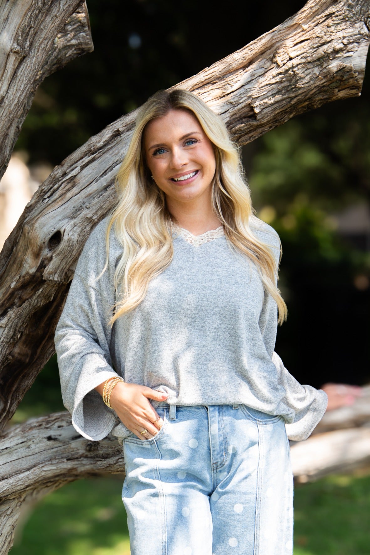 V-Neck Top with Lace Trim, Grey - front view