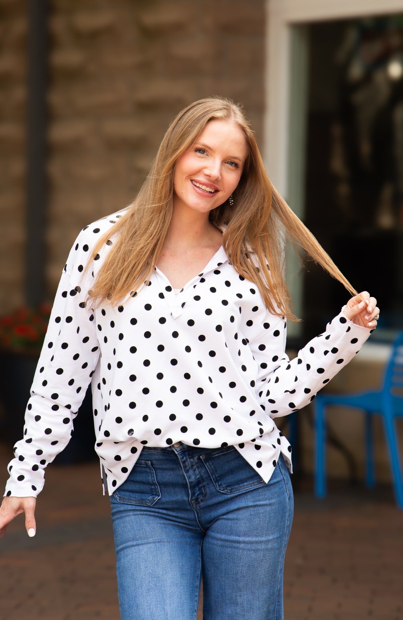 V-Neck Collared Pullover, Black Polka Dot