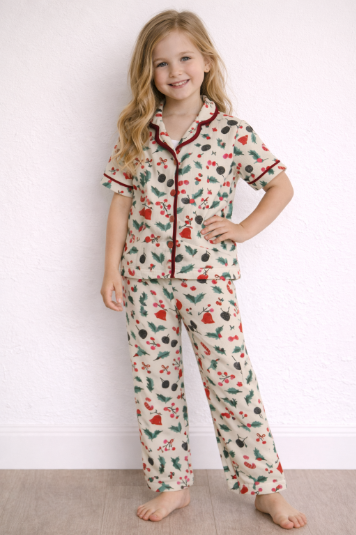 Kids PJ Set, Ivory Holly Print