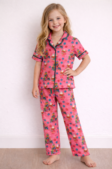 Kids PJ Set, Pink Santa Print
